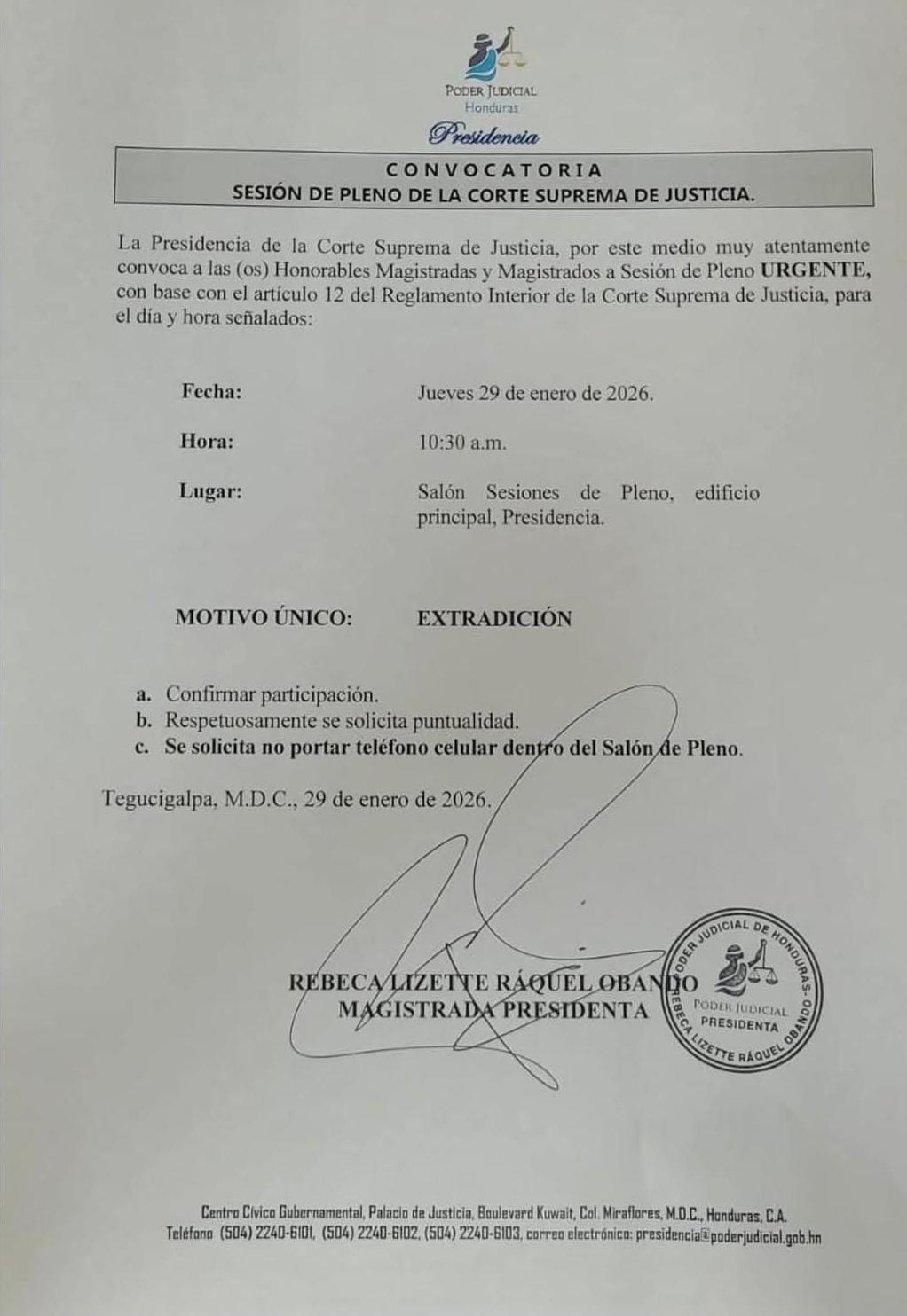 CSJ convoca reunión urgente para analizar solicitud de extradición