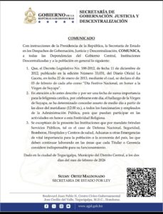 Conceden asueto de medio día a empleados públicos este 3 de febrero por festividad de la Virgen de Suyapa 