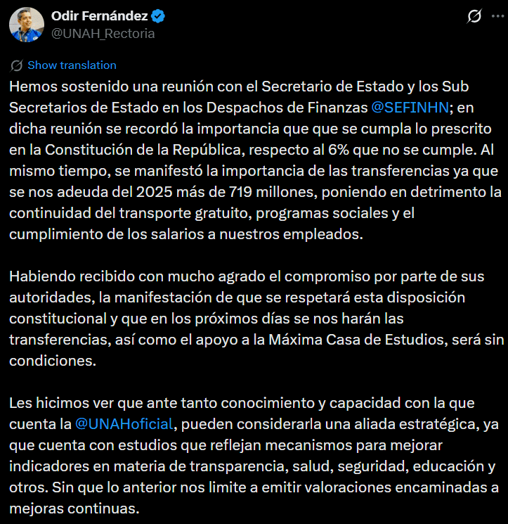 UNAH denuncia adeudo de 719 millones de lempiras