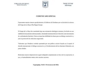 Israel felicita a Honduras por su salida del Grupo de La Haya