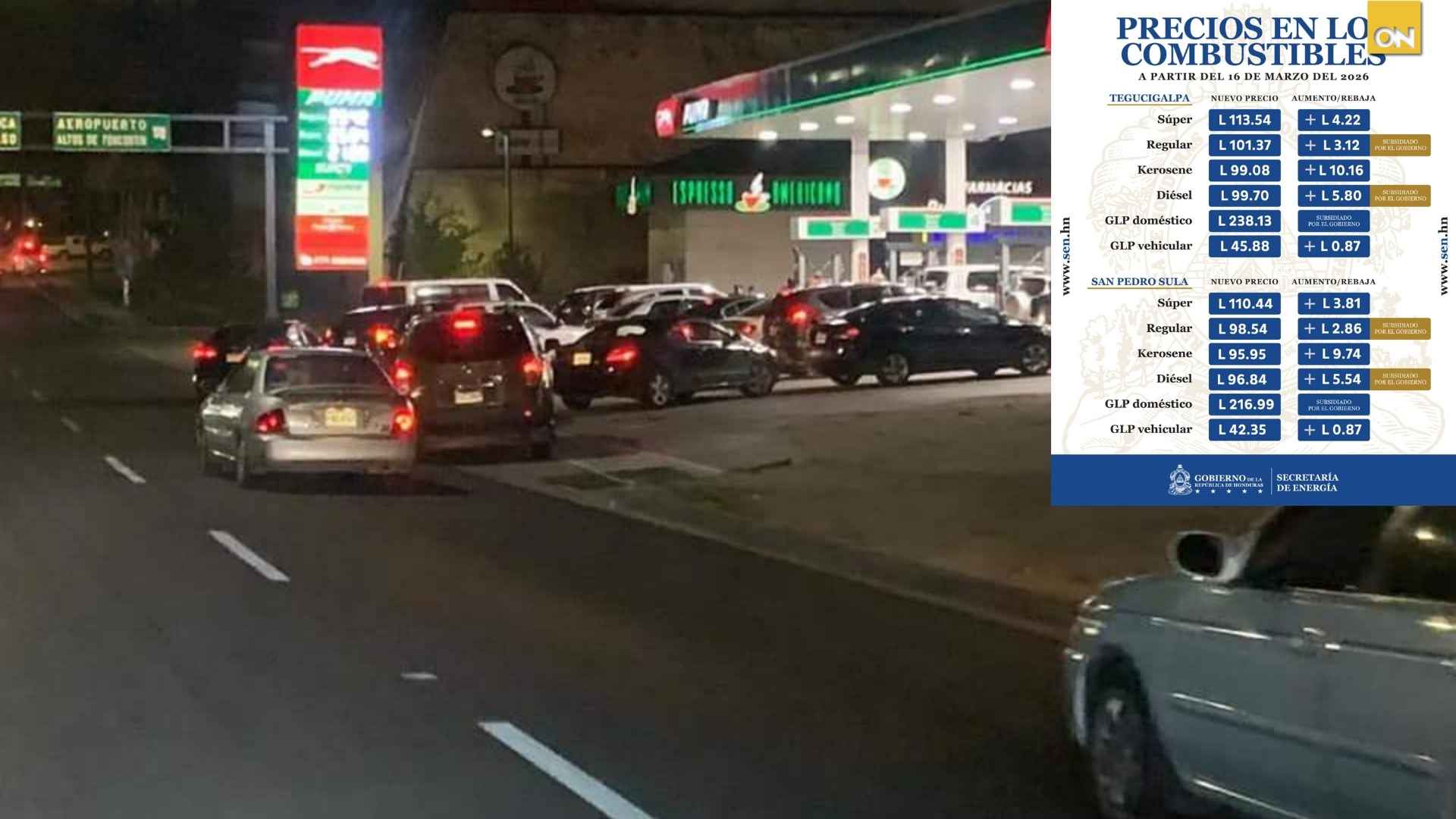 Largas filas en gasolineras de Tegucigalpa por nuevo incremento en precios de los combustibles anunciado por la Secretaría de Energía