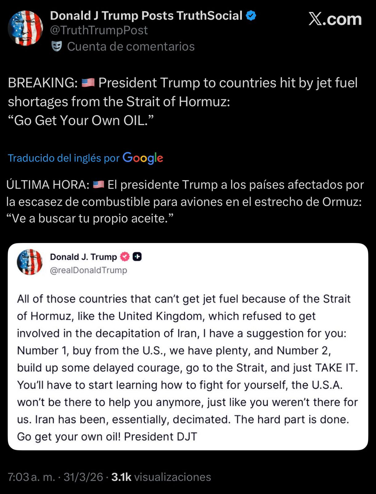 Donald Trump insta a sus aliados a “tomar” el combustible bloqueado en el estrecho de Ormuz