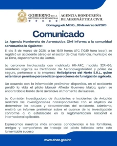 Una aeronave que se dedica a la fumigación agrícola se accidentó la mañana de este domingo en el sector Cruz de Valencia en La Lima, Cortés