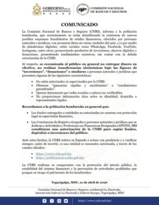 CNBS alerta sobre estafas financieras en Honduras con falsas inversiones