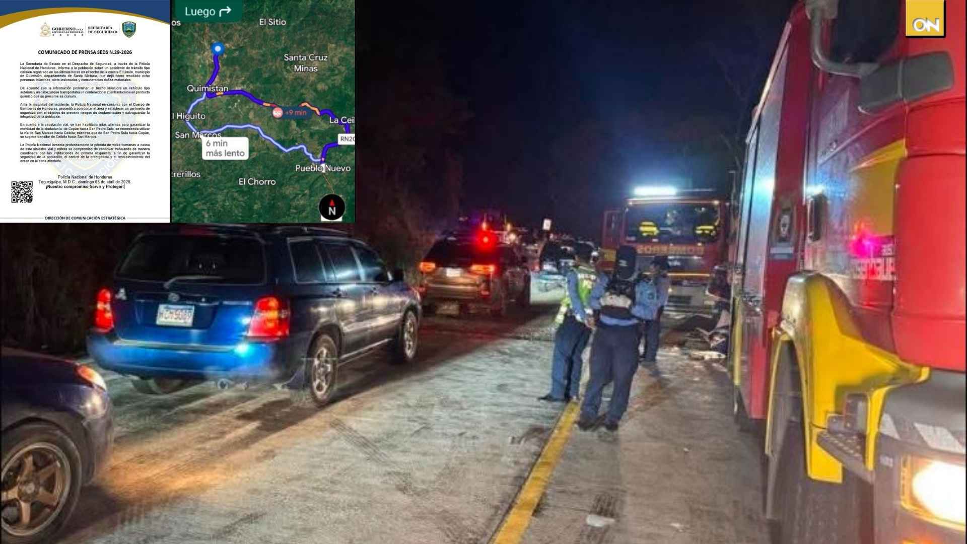 Policía Nacional habilita rutas alternas tras accidente entre rastra con cianuro y bus en Quimistán, Santa Bárbara