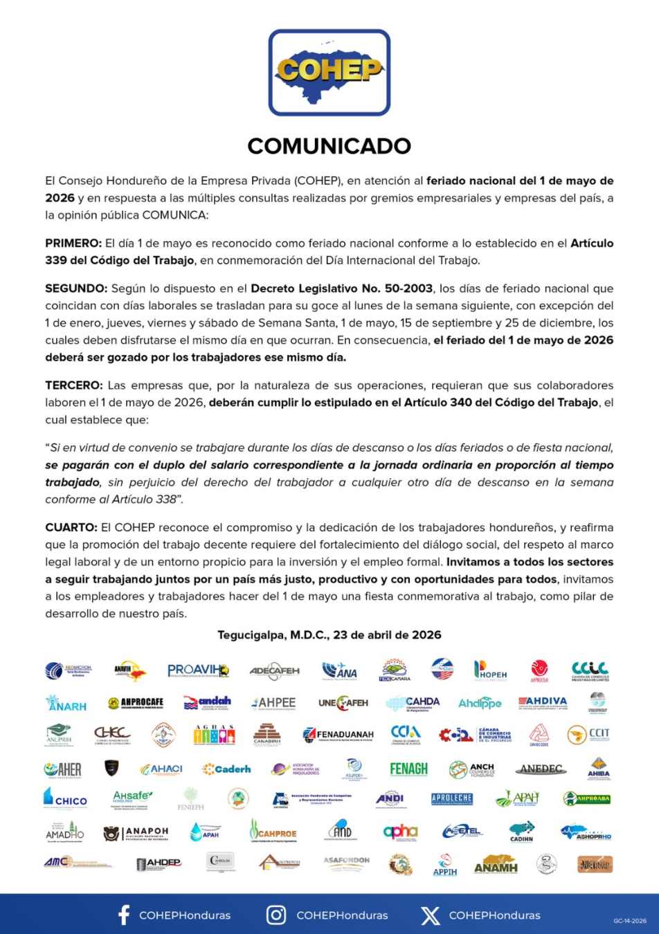 Feriado del 1 de mayo en Honduras: Cohep aclara cómo se aplicará el Día del Trabajador en 2026
