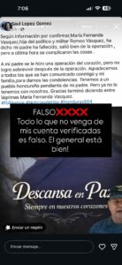 Hija de exgeneral Romeo Vásquez responde con sarcasmo a rumores de su muerte