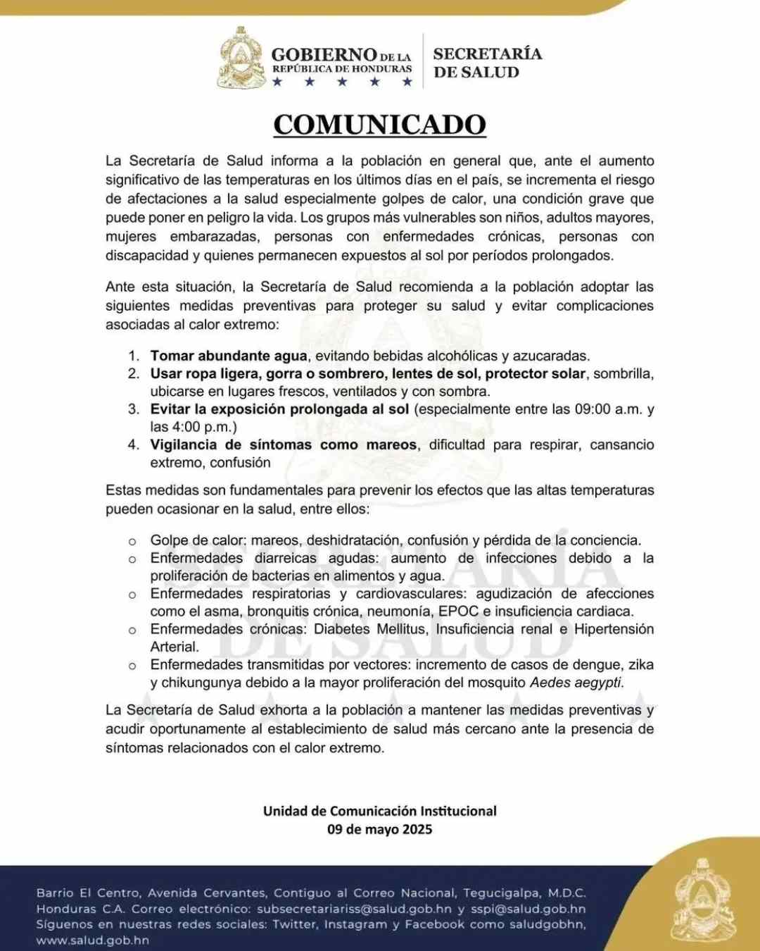 golpes de calor en Honduras (1) Golpe de calor en Honduras: Secretaría de Salud alerta por aumento de riesgos ante altas temperaturas