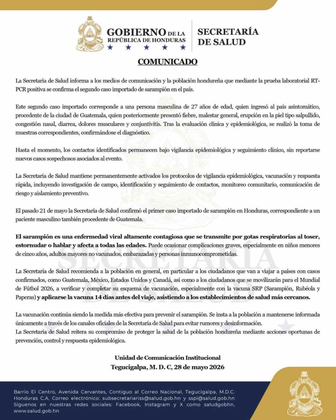 Honduras confirma segundo caso de sarampión y activa vigilancia sanitaria