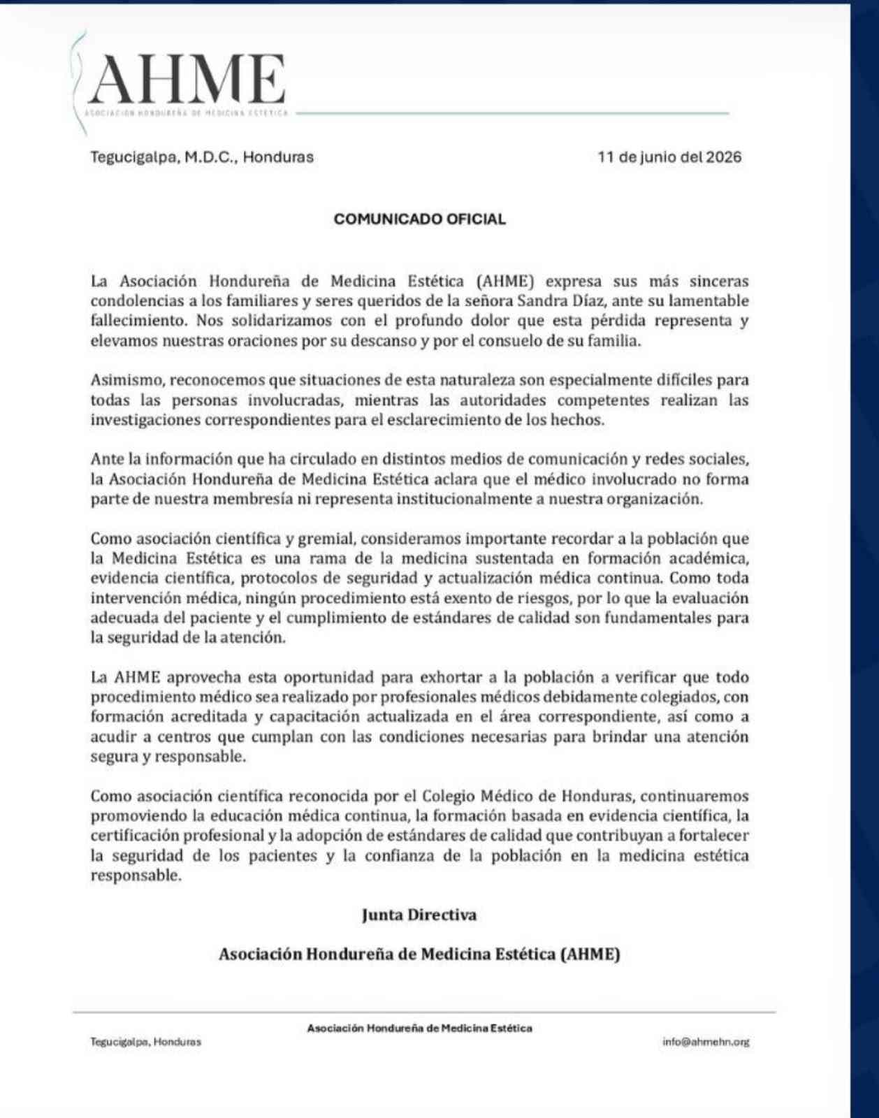 AHME comunicado chef Sandra