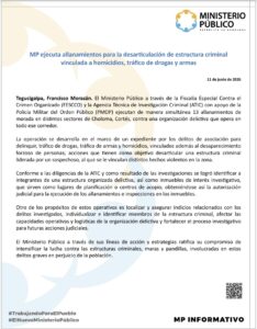 Autoridades ejecutan 13 allanamientos contra presunta estructura criminal en Choloma