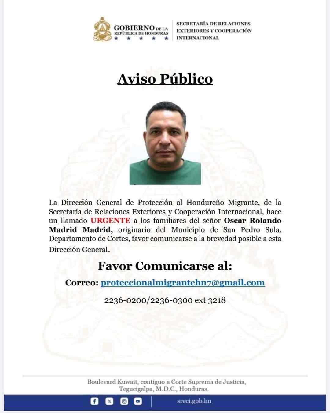 Hondureños en el exterior (4) Cancillería de Honduras solicita localización urgente de familiares de cinco hondureños en el exterior