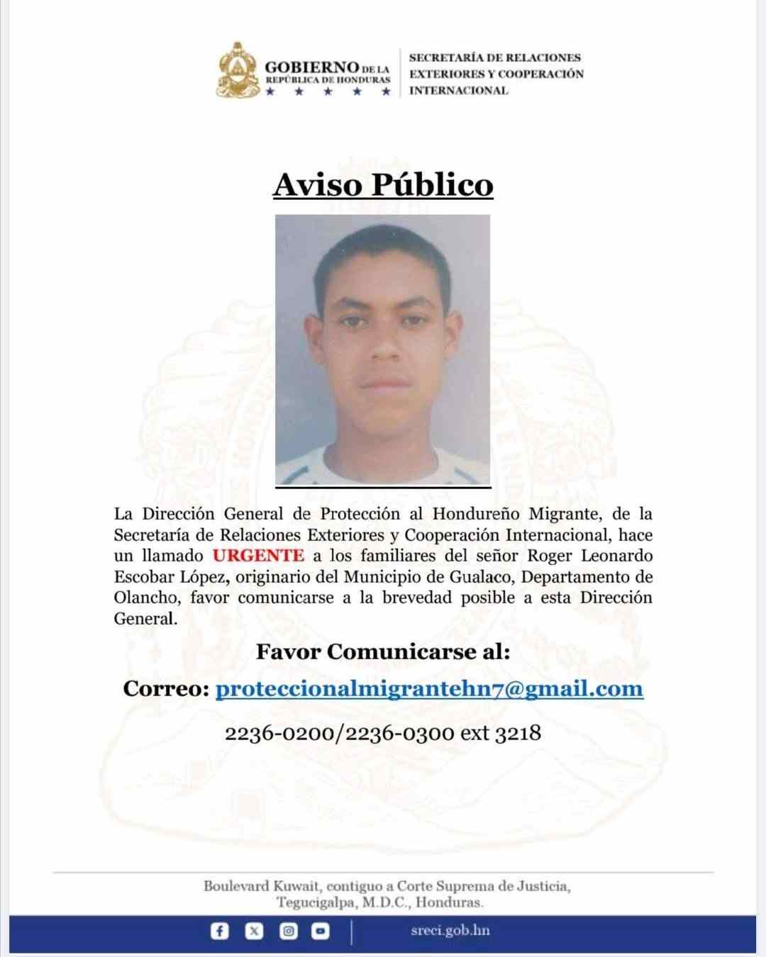 Hondureños en el exterior (5) Cancillería de Honduras solicita localización urgente de familiares de cinco hondureños en el exterior