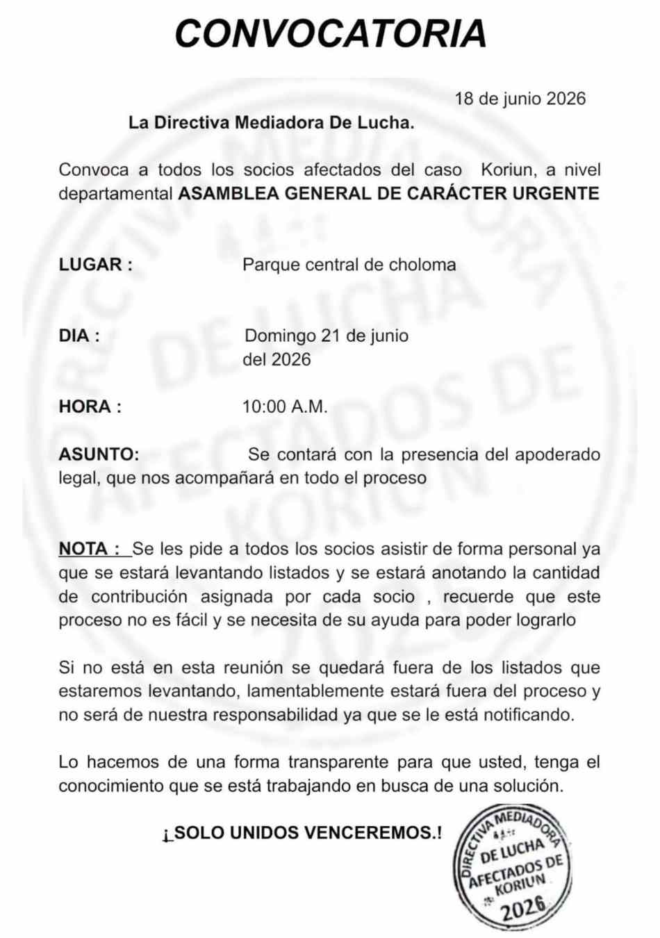 Convocan asamblea urgente para socios afectados del caso Koriun en Choloma