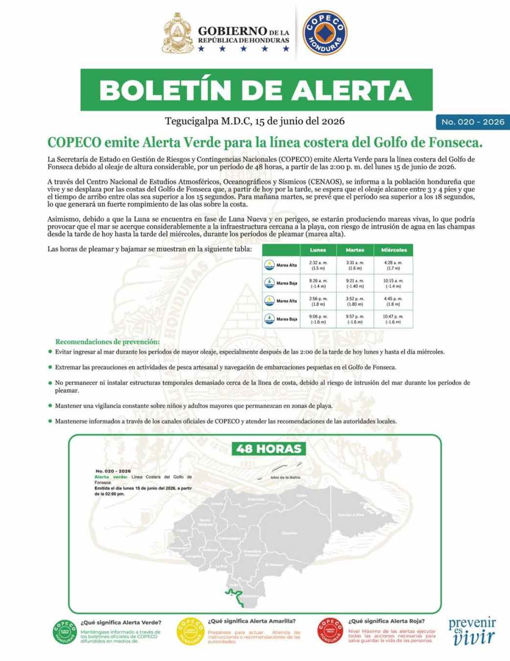 Alerta Verde en el Golfo de Fonseca: Copeco advierte por fuerte oleaje y mareas vivas en Honduras