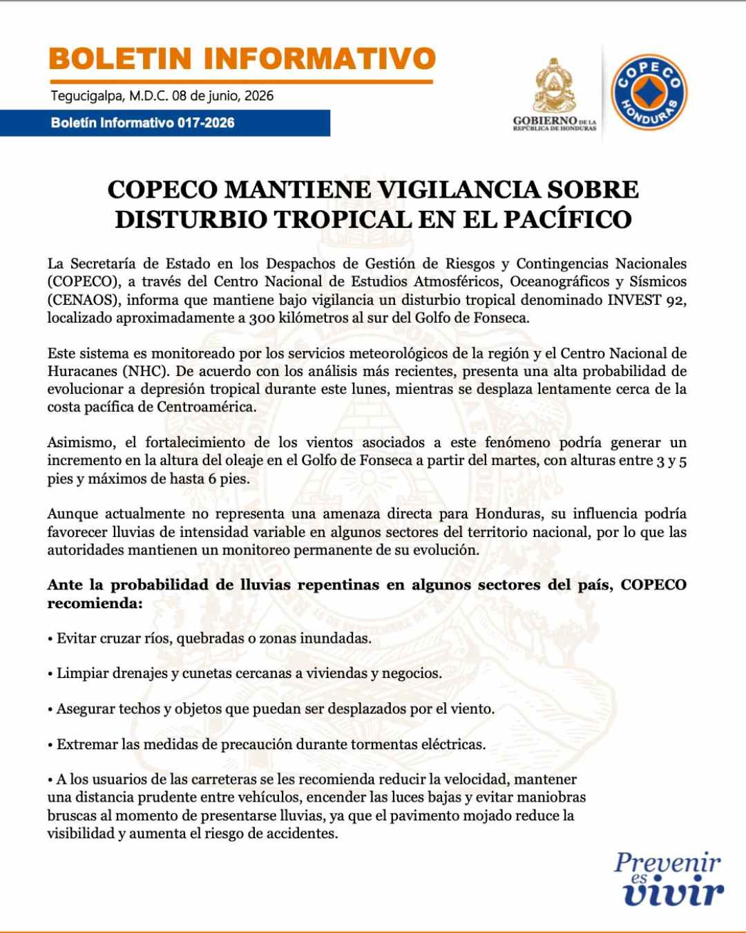 COPECO bajo vigilancia ante disturbio tropical en el Pacífico con alta probabilidad de desarrollo