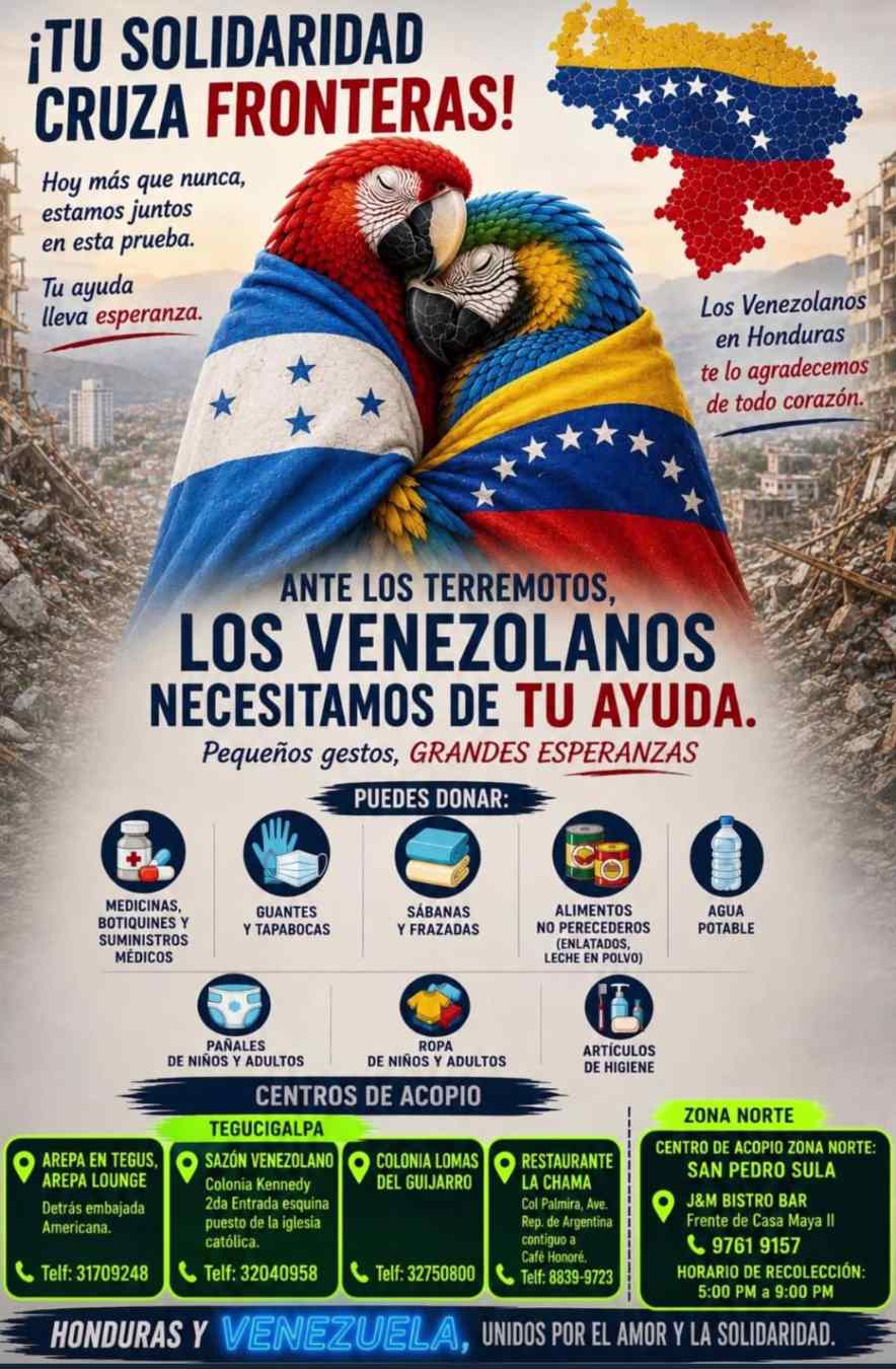 Habilitan puntos de recolección en Tegucigalpa y San Pedro Sula para damnificados por terremotos en Venezuela