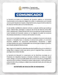 Educación rompe el silencio y anuncia medidas a maestra en Yoro