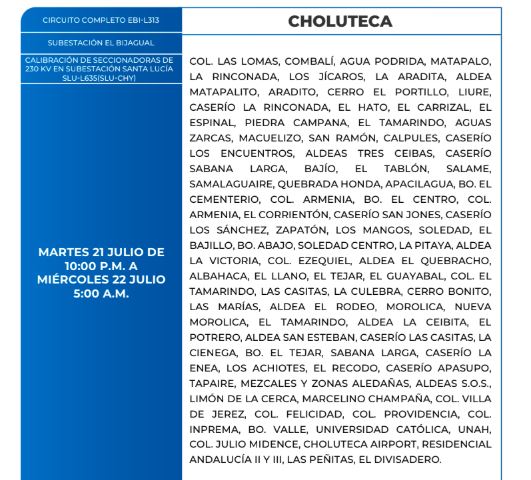 Honduras luz martes 21 julio