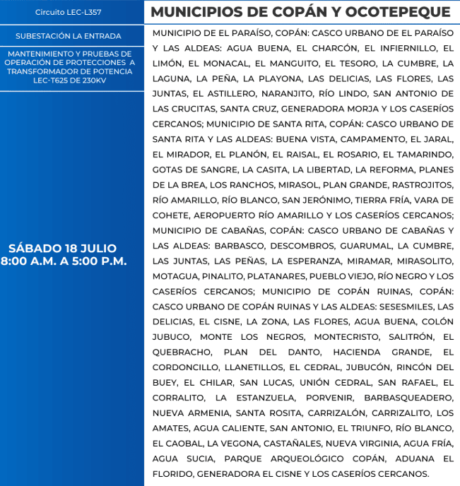 Todas estas zonas de Honduras no tendrán luz eléctrica este sábado 18 de julio