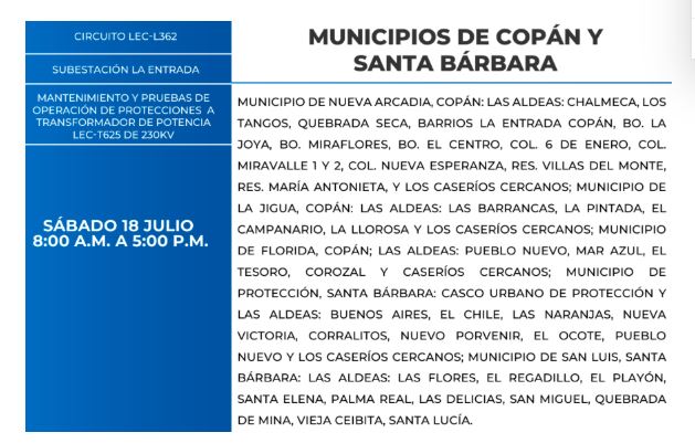 Todas estas zonas de Honduras no tendrán luz eléctrica este sábado 18 de julio