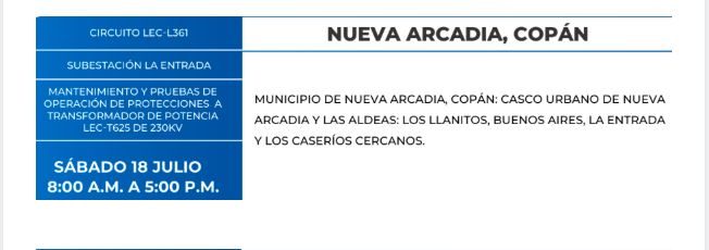 Todas estas zonas de Honduras no tendrán luz eléctrica este sábado 18 de julio